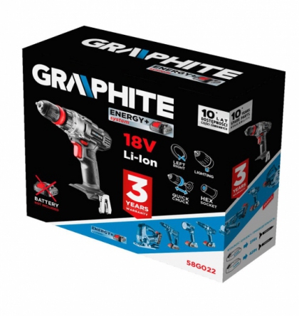 Wiertarko-wkrętarka akumulatorowa Energy+ 18V GRAPHITE 58G022 opakowanie
